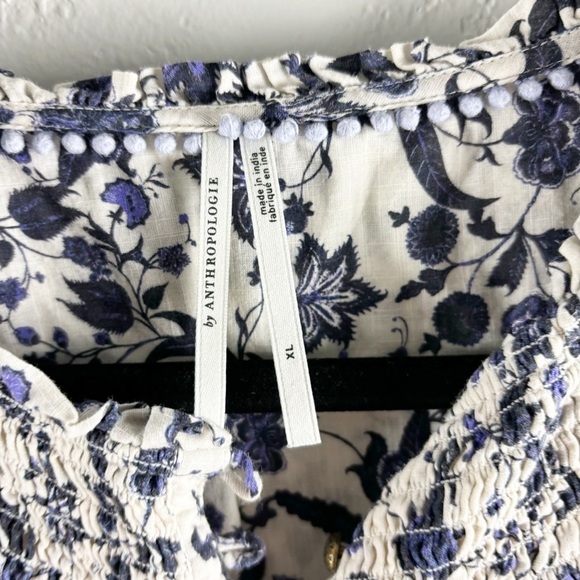 Anthropologie White and Blue Floral Tie-Front Blouse - Picture 3 of 5